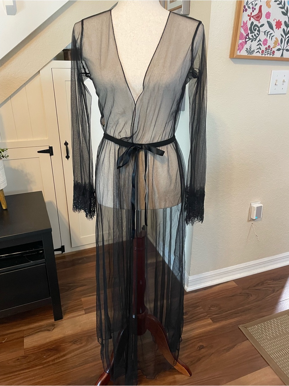 Escanté Collection Black Sheer Mesh Maxi Robe Eyelash Lace Cuffs Rhinestone L